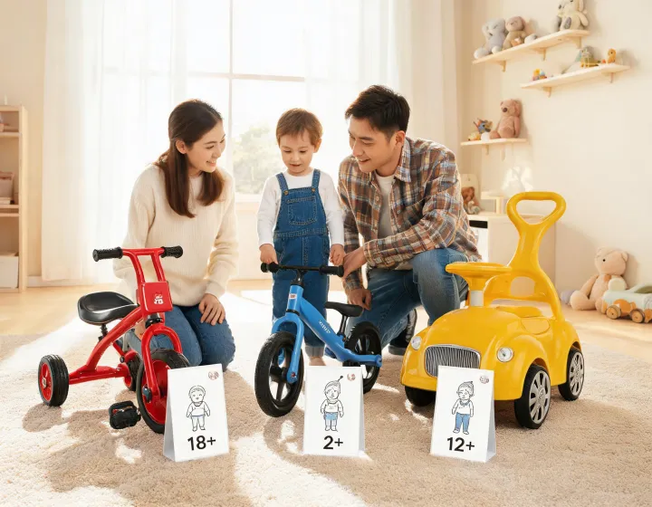 Family comparing Kettler ride-on options by age stage