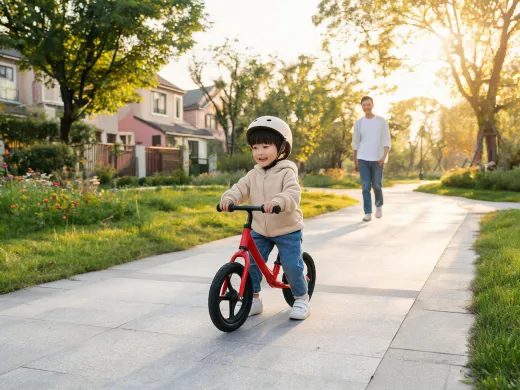 Child practicing balance bike outdoors
