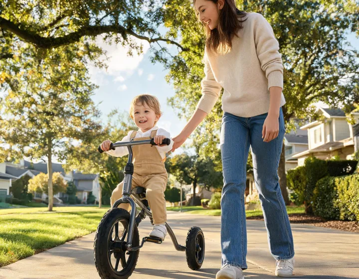 Child riding a Kettler tricycle on a sunny neighborhood path